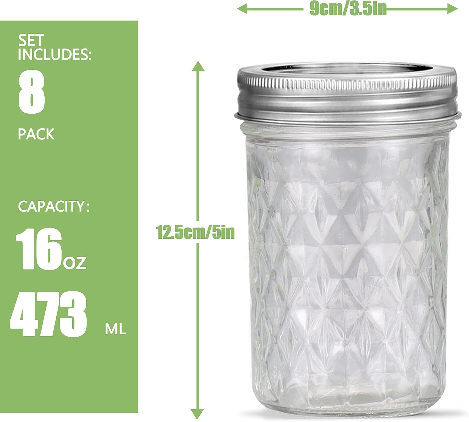 FRUITEAM 16 oz 8 Pack Mason Jars with Lids and Bands, Quilted Crystal Jars, Glass Canning Jars, Pint Jars Ideal for Honey, Wedding Favors, Shower Favors, Tomato based Juices & Sauces