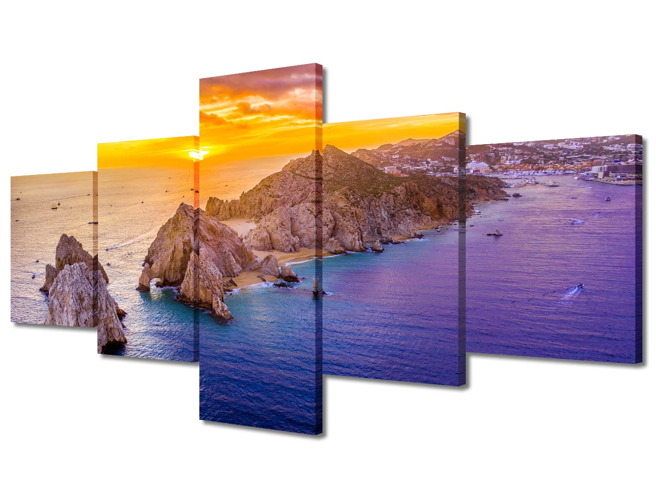 TUMOVO Aerial View of Cabo San Lucas Canvas Wall Art Mexico at Sunset Wall Art for Living Room Pictures for Bedroom 5 Pieces Modern Home Decor Office Bathroom Artwork Framed Ready to Hang, 50" Wx24 H