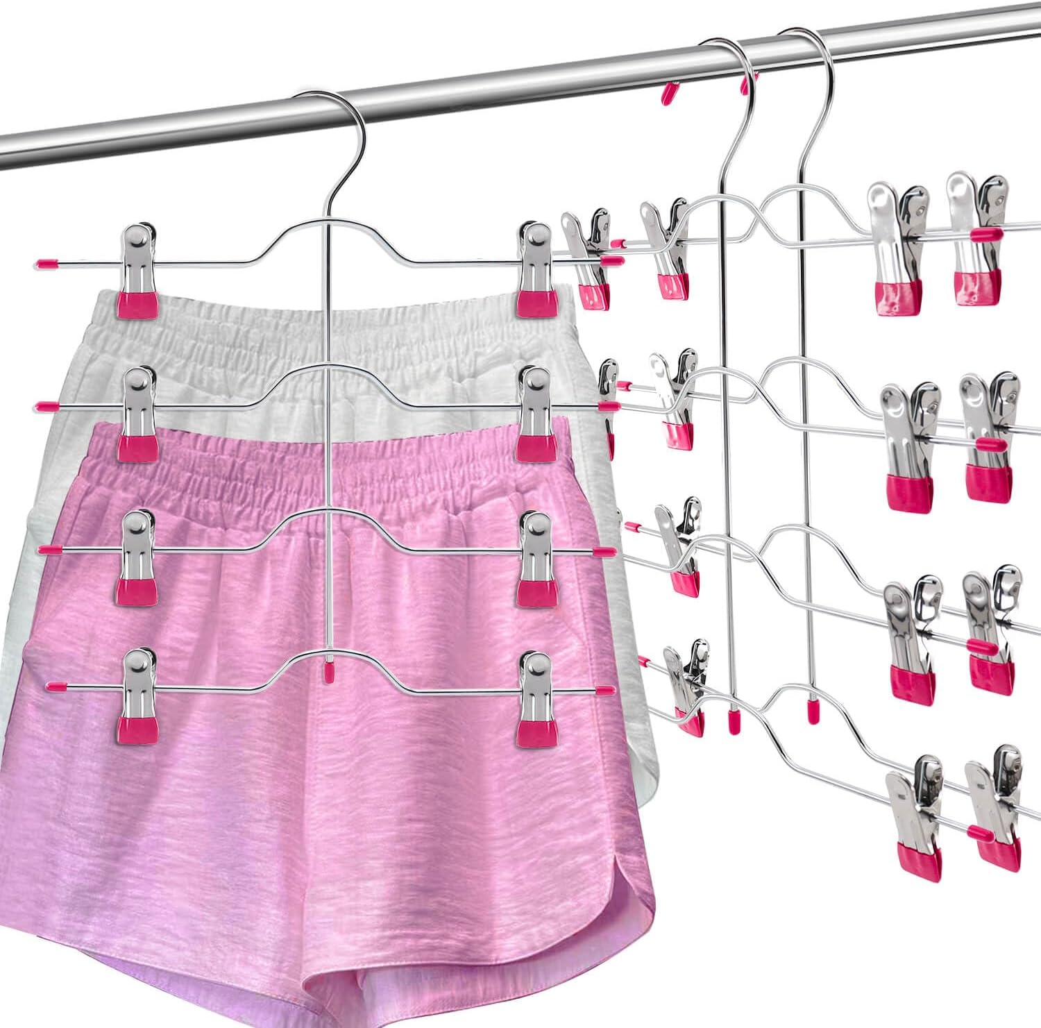 4 Tier Skirt Hangers Space Saving,Metal,Non Slip Closet Organizer and Storage Multi Clothes Shorts Hanger Organization Dorm Room Essentials(Pink 3Pack)