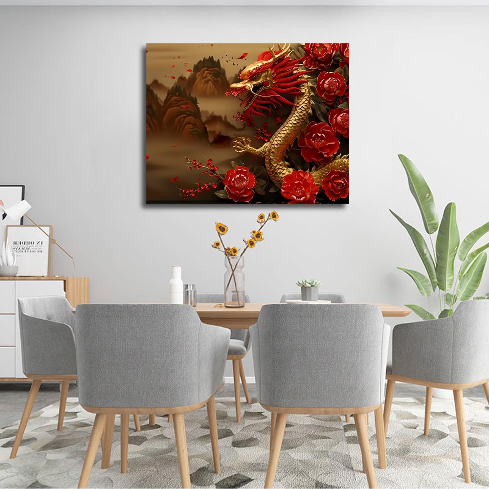 UIRINGART Pivoine rouge peinture sur toile impression dragon chinois motif affiches Art mural décor pour chambre salon salle à manger couloir bureau 60x80cm Cadre intérieur