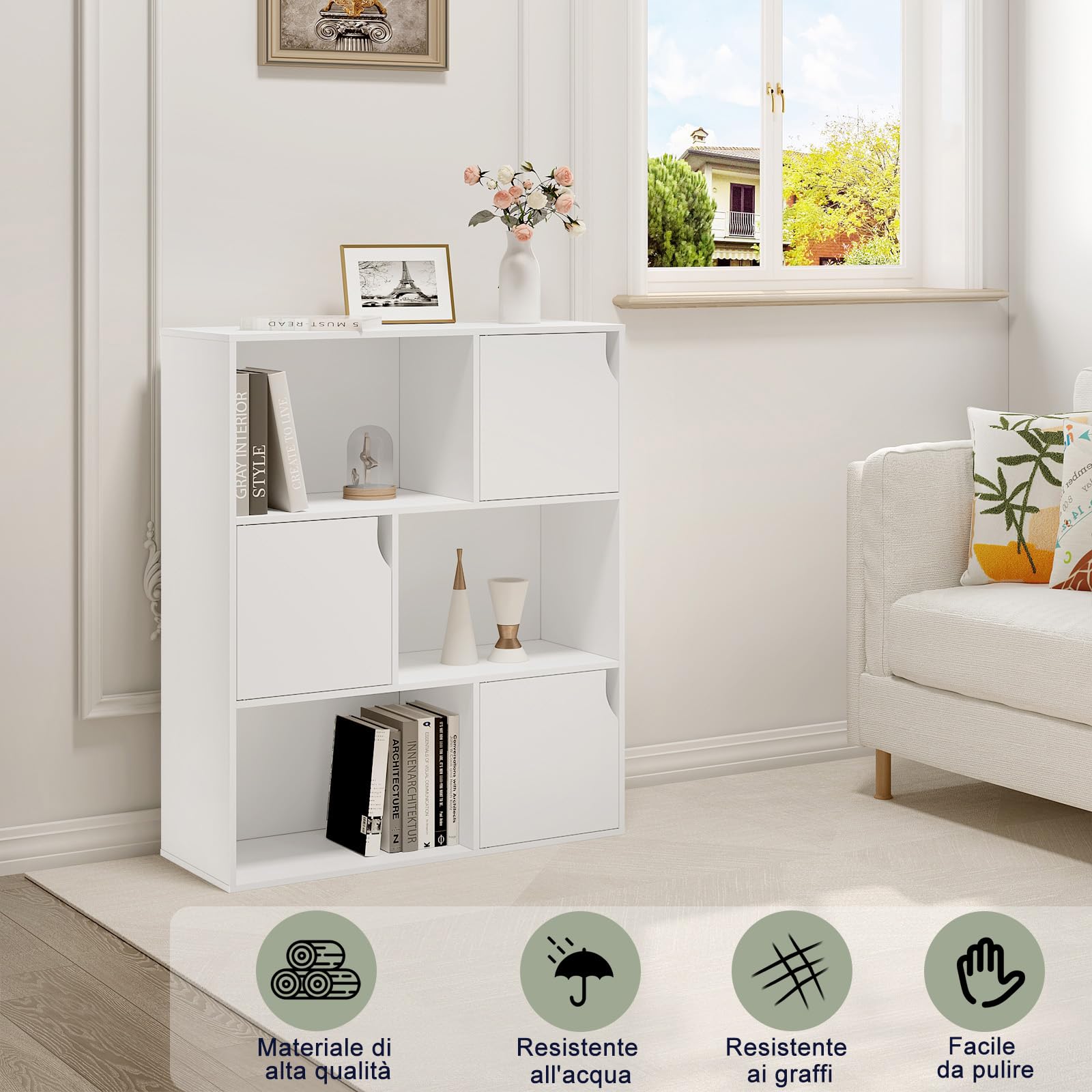 eSituro Libreria Autoportante a 6 Scomparti, Porta Libri con Ante, Scaffale a 3 Ripiani Portaoggetti, Divisorio per Ambienti, Ufficio, Studio, Soggiorno, in Legno, 80x30x96cm, Bianco, SBKC0050