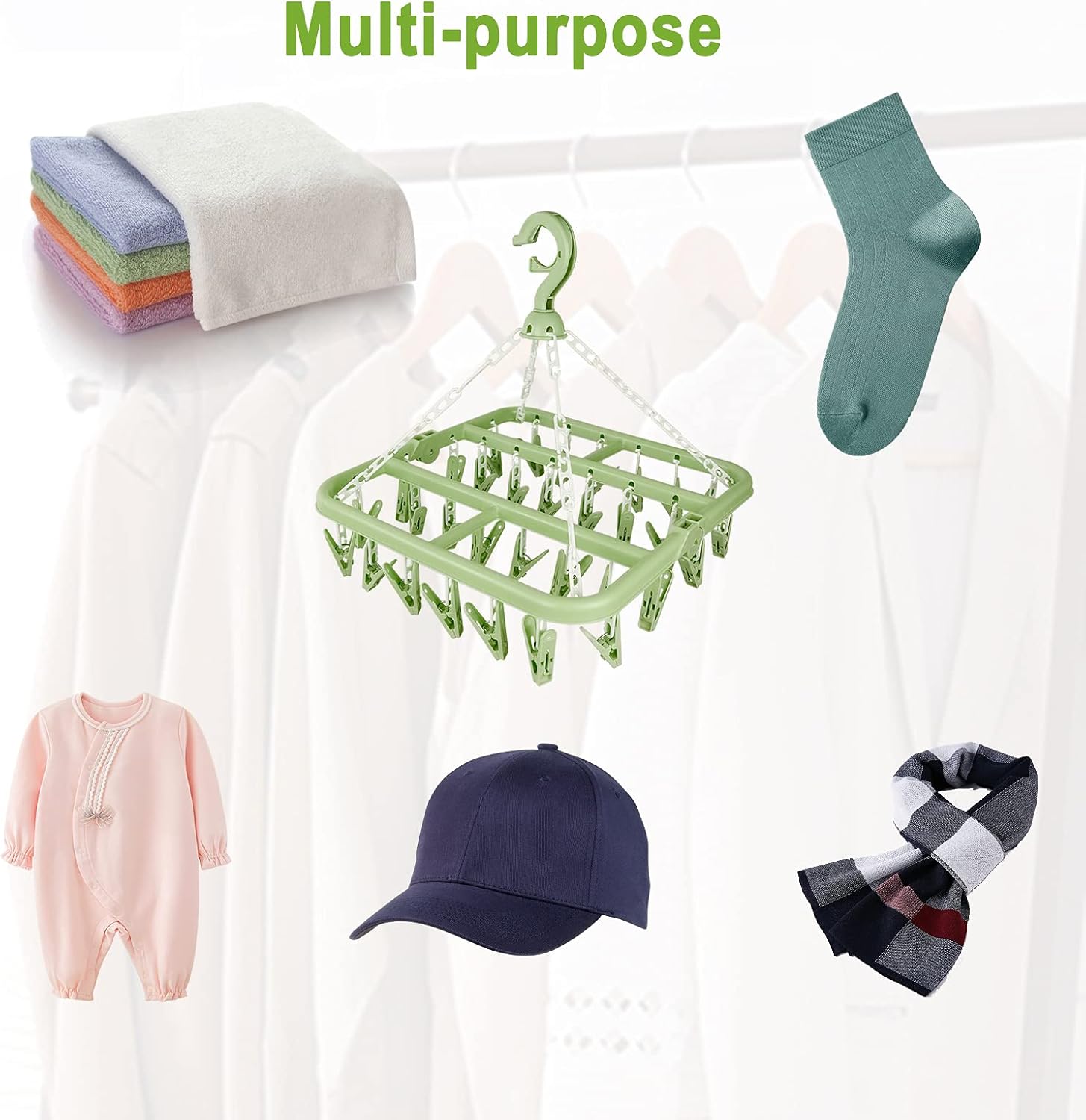 32 Peg Sock Drying Rack, Underwear Hanger, Rotary Hook Peg Hanger for