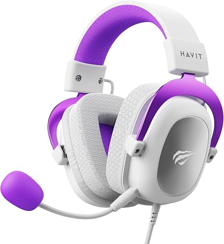 Havit H2002D Surround Sound Wired Gaming Headphones, 2 Meter Cable Length, White/Purple