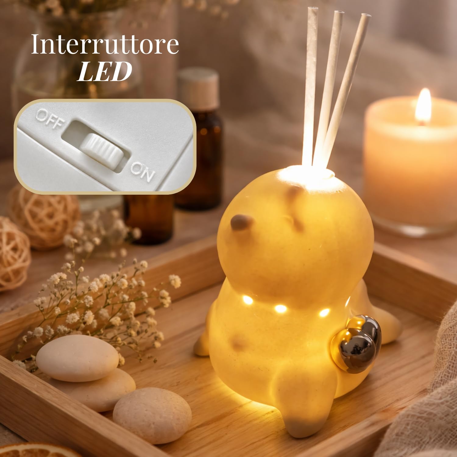 PALUPLUS 10 Bomboniere in Ceramica a Forma di Foca con Profumatore, Misura 9x8x10 cm, Cuore Oro, Bastoncini e Luce a LED, Regalo per Battesimo, Comunione, Feste, Matrimonio -9573M -2,6