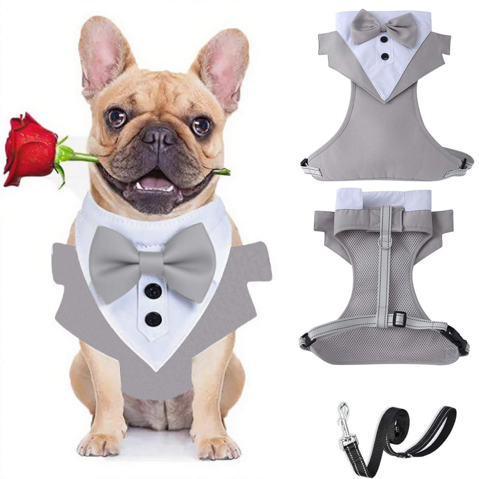 BT Bear Tuxedo Dog Harness with Leash, Formal Harness Bow Tie for Wedding,Mesh Dog Tuxedo Vest Harness for Small Medium Dogs,Grey_XL