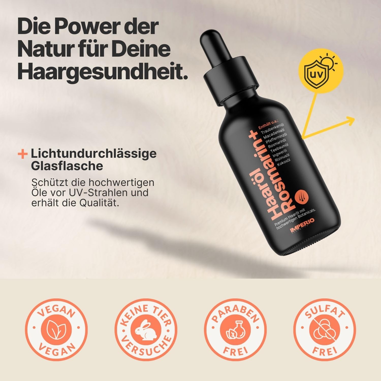IMPERIO Haaröl Rosmarin+ gegen Haarausfall - 60ml - Premium Rosmarinöl Haare & weitere hochwertige Öle zur Anregung des Haarwachstums für Kopfhaut & Bart - 100% natürliche Haarpflege - ohne Zusätze