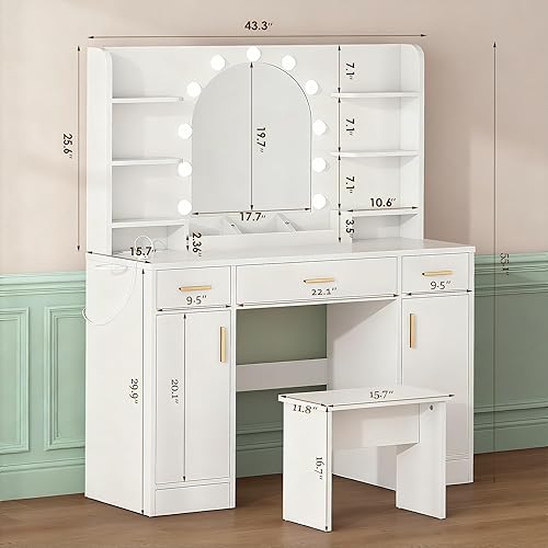 Vista 7 de Escritorio de tocador con espejo y 11 luces LED, mesa de tocador de maquillaje de 43 pulgadas con toma de corriente y silla, tocador con 3 cajones