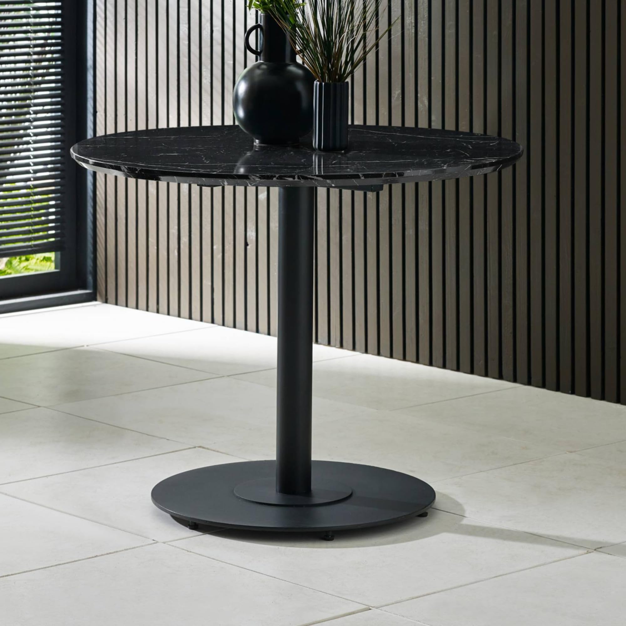 Julian Bowen Luca Dining Table – 76 x 80 cm, Black Round Kitchen Table, Marble Effect 4 Seater with Modern Pedestal Design for 2-4 People – Small