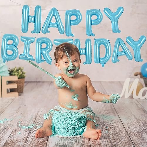 Miniatura 3 de TONIFUL Cartel de globos de feliz cumpleaños azul claro, letras de papel de aluminio de Mylar de 16 pulgadas, material reutilizable y ecológico para