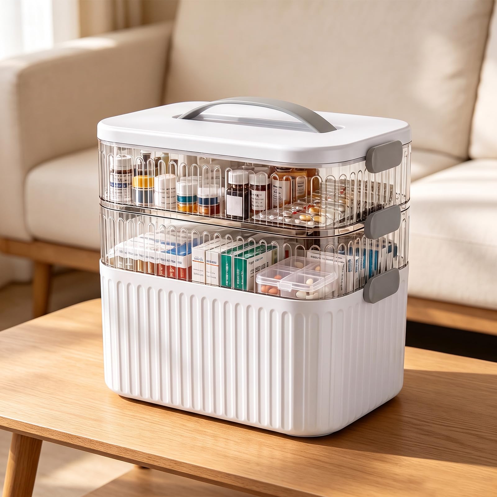 Scatola portaoggetti per medicinali, organizer multiuso a 3 strati, con maniglia portatile e chiusura a fibbia di sicurezza, grande organizer per primo soccorso da scrivania, per dispensa, casa