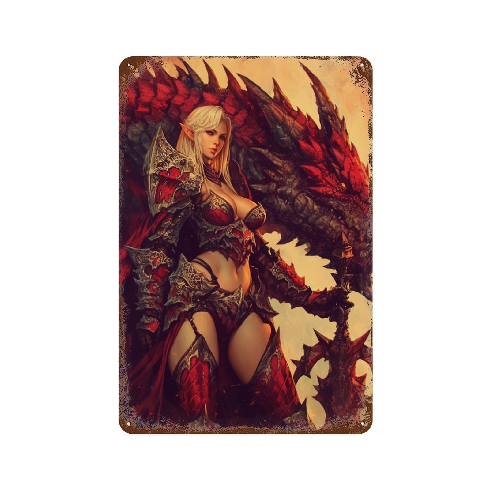 Dragon Armor Fantasy Woman Vintage Wall Sign 11.8"x7.9", Rust Effect Metal Decor for Bistro, Counter And Cafe Decor