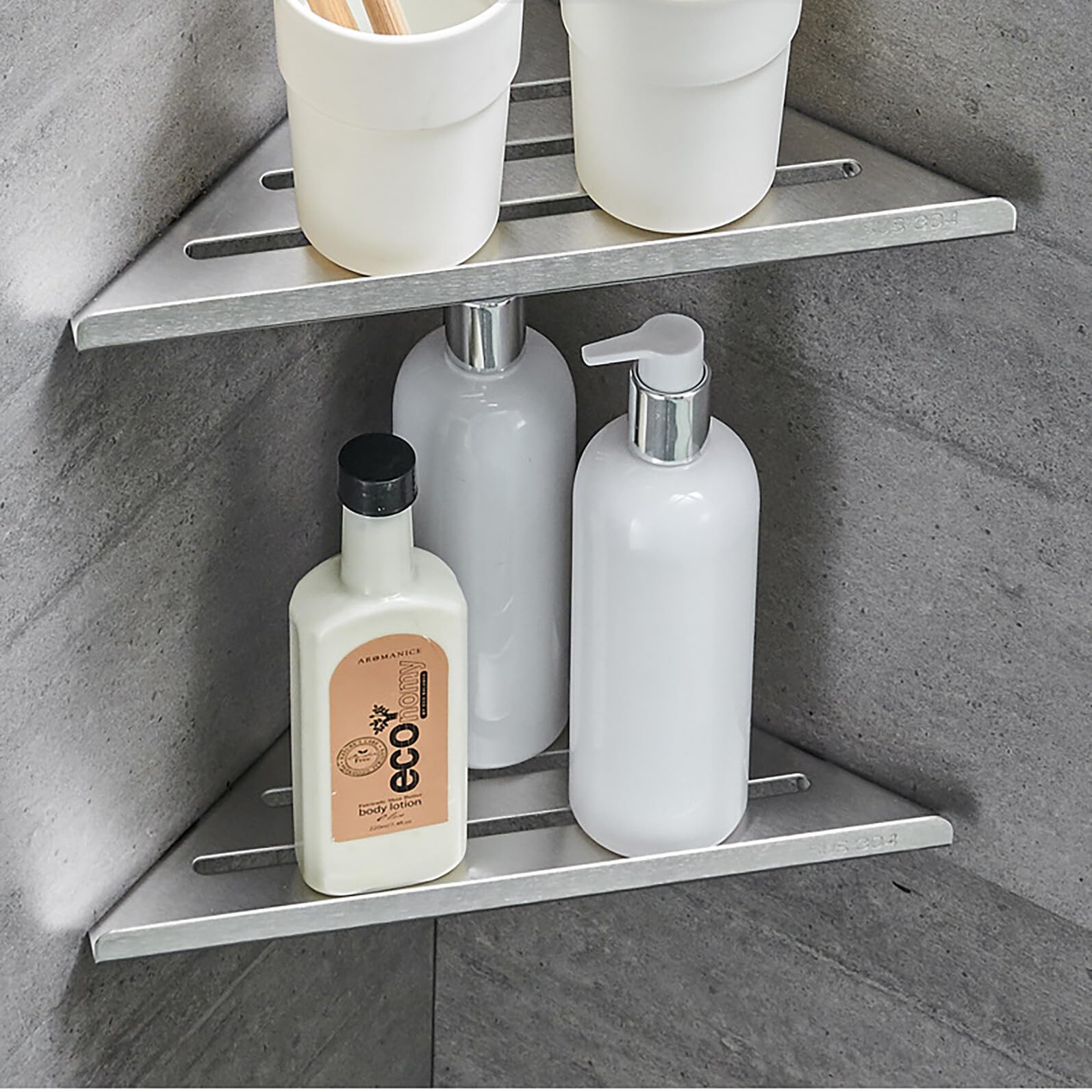 Mensola Angolare Doccia in Acciaio 304 Resistente Scaffale da Parete Senza Foratura per Bagno e Cucina Portaoggetti Angolare con Bordi Sicuri Organizzatore Multiuso per Spazi