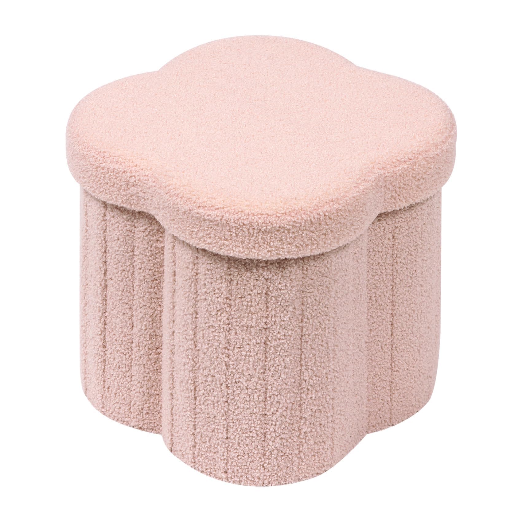 Bonlife Pink Ottoman Storage Box,Folding Storage Seat Box,Small Footstool For Living Room,Kid's Toy Chest Box,Teddy Flower Shape,32x32x32cm