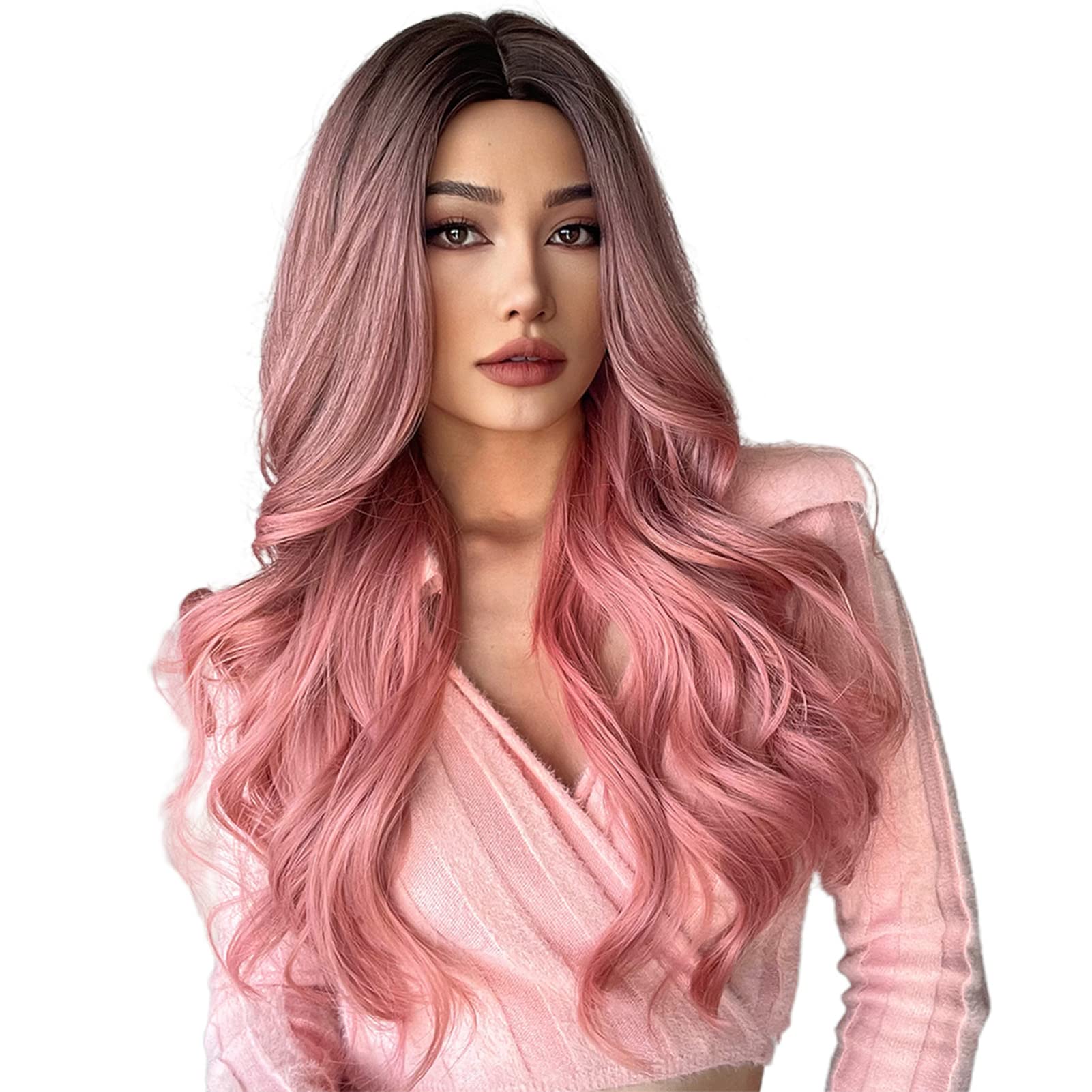 Eacam Women Wig Synthetic Pink Curly Wavy Wig Long Hairpiece Long Curly Wigs For women
