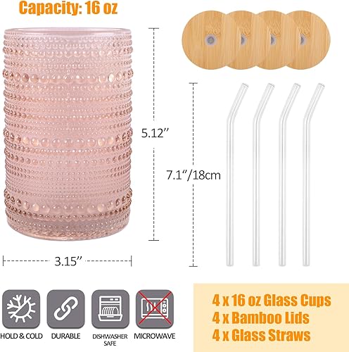 Miniatura 2 de Juego de 4 vasos vintage para beber con tapas de bambú, juego de cristalería acanalada a rayas transparentes texturizadas, juego de cóctel, tazas de