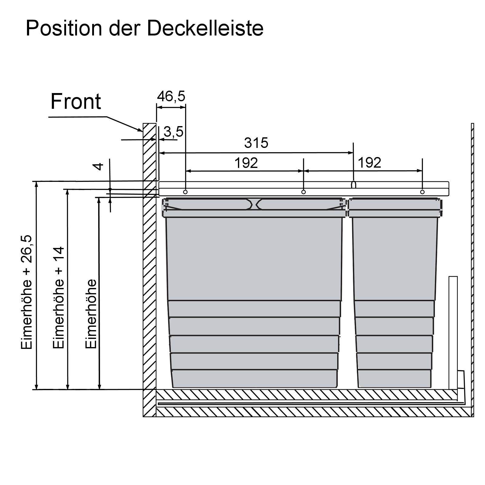 Ninka Abfalltrennsystem eins2vier KB 500 mm, Seitenstärke 16 mm Höhe 330 mm 2x 11,5L, 1x 25L, 1x 50er Bodenplatte, 1x 50er Deckelplatte, 2x Führungsleiste alugrau für Tandembox von SO-TECH®