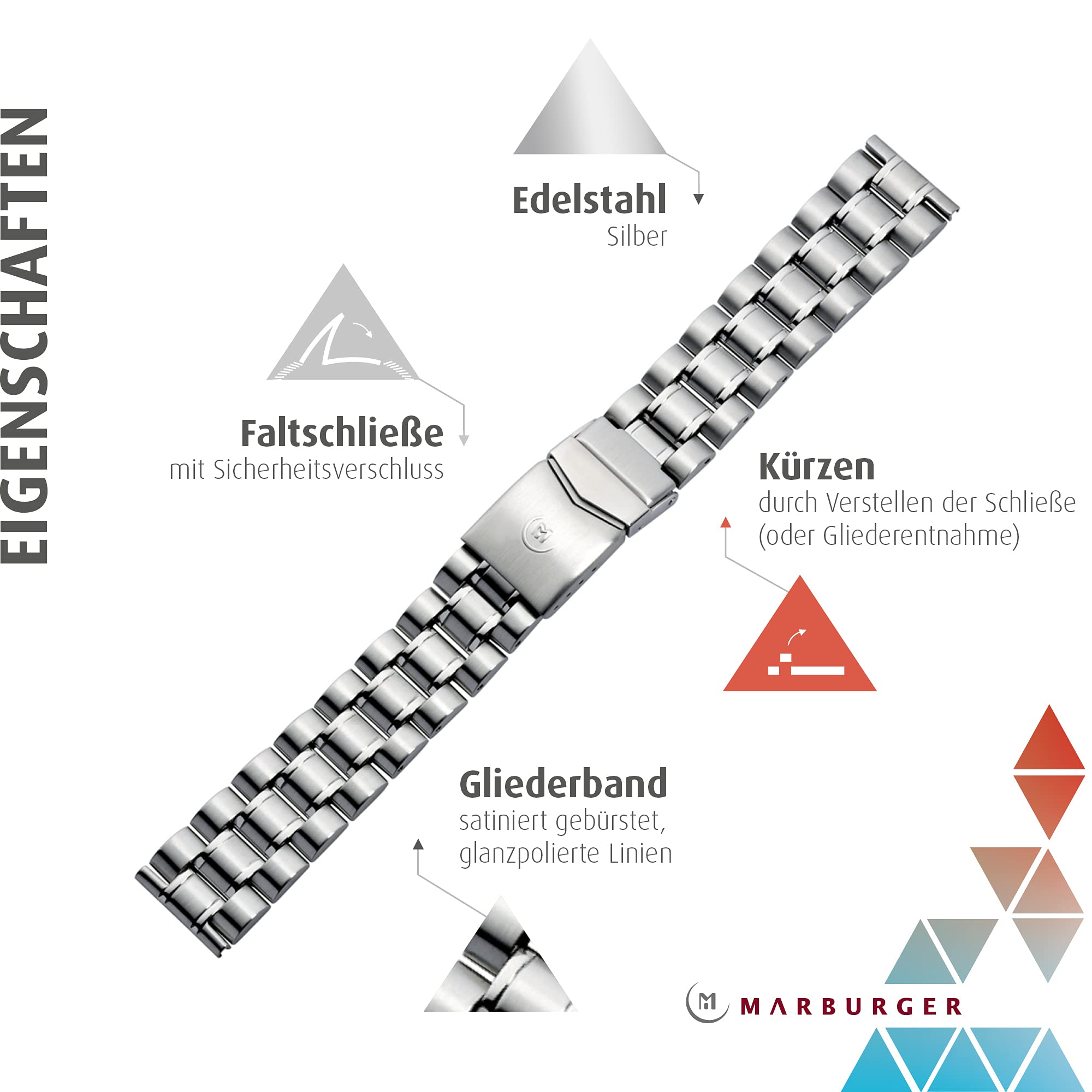 MARBURGER Uhrenarmband 20mm Edelstahl Silber - Werkzeug Montage Set 88508030020