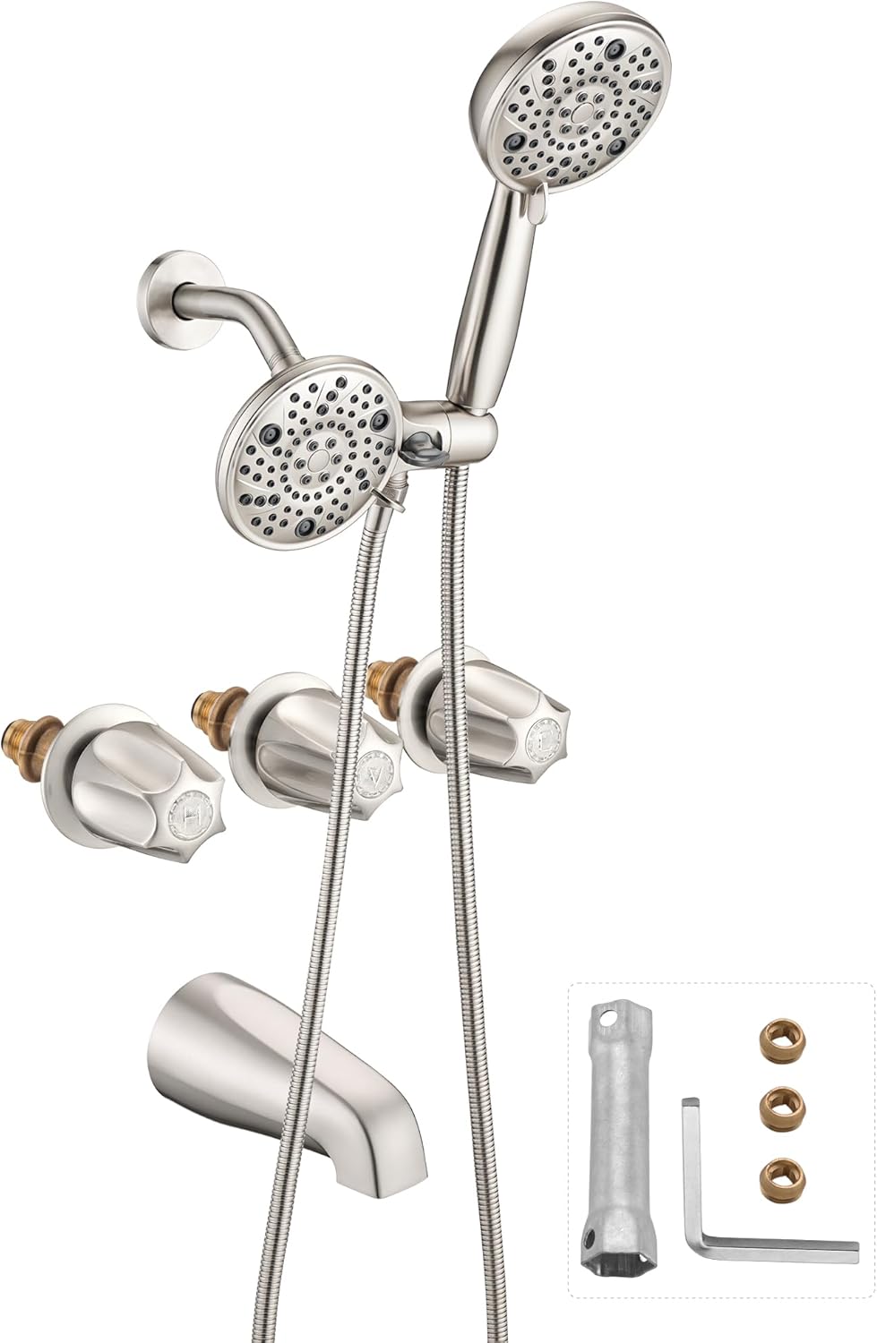 5" Dual Shower Faucet Combo& Bathtub 3 Handle Knob Tub & Shower Rough-In Valve, Included Rough-in Valve, Brushed Nickel