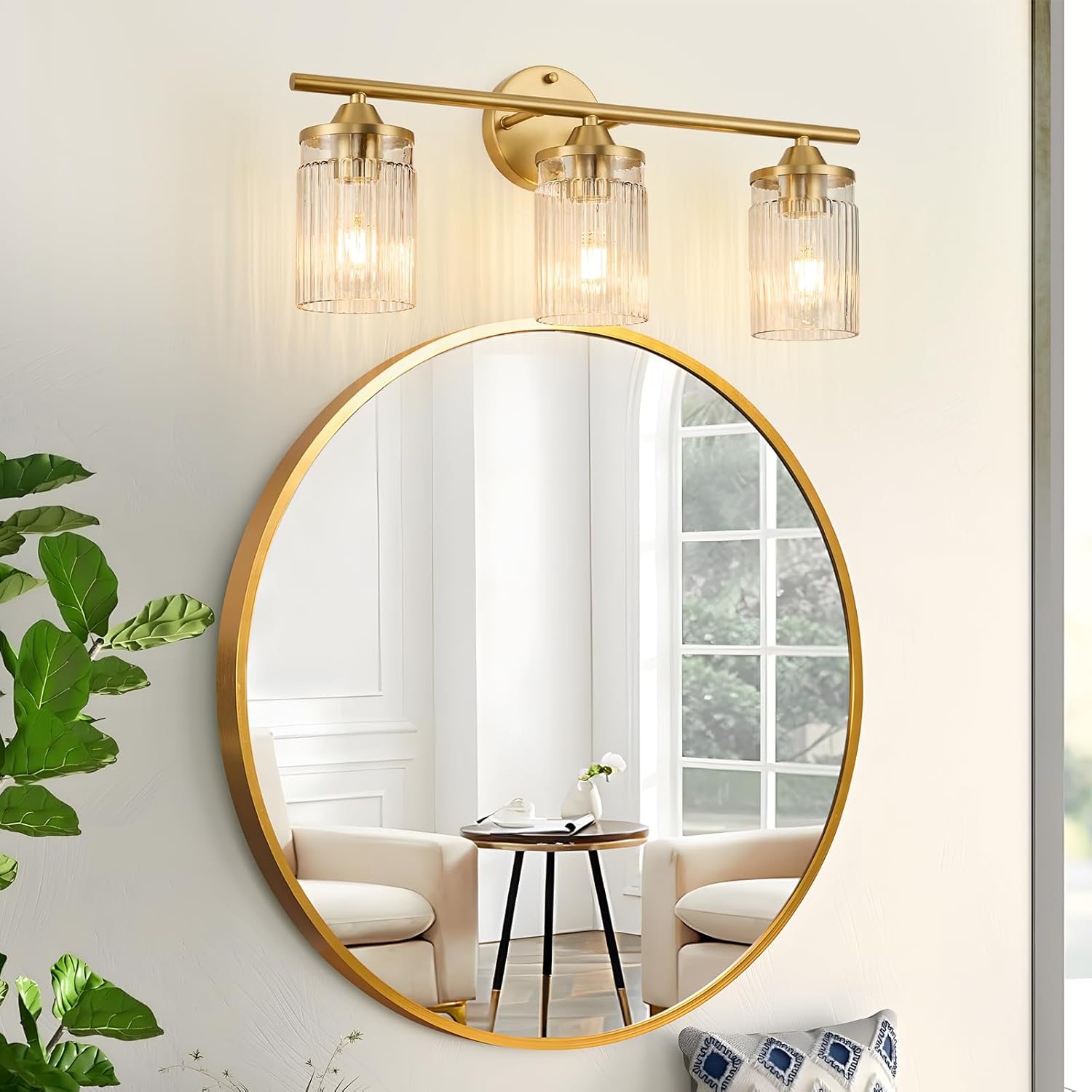 Jonsi Gold Bathroom Light Fixtures 3-Light Vanity Lights Modern Wall Sconce with Clear Glass Shade Brushed Brass Bathroom Light Fixture Over Mirror for Bedroom Hallway Kitchen