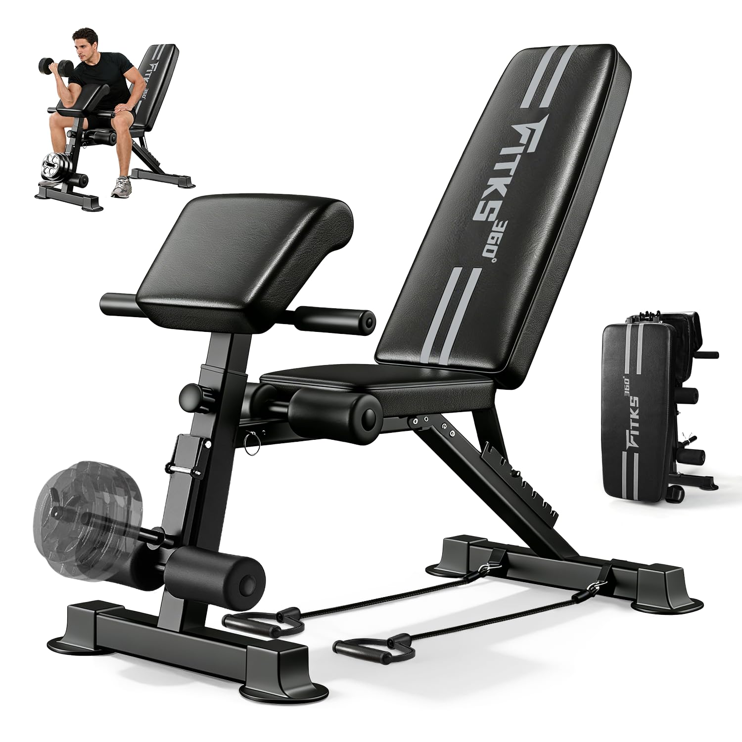 Banco Musculación Plegable Multifunción, Banco Pesas Ajustable en Casa, 13 en 1 Entrena Cuerpo Completo, Soporta 400KG, Bandas de Resistencia, Espalda/Pecho/Pierna, Gym en Casa