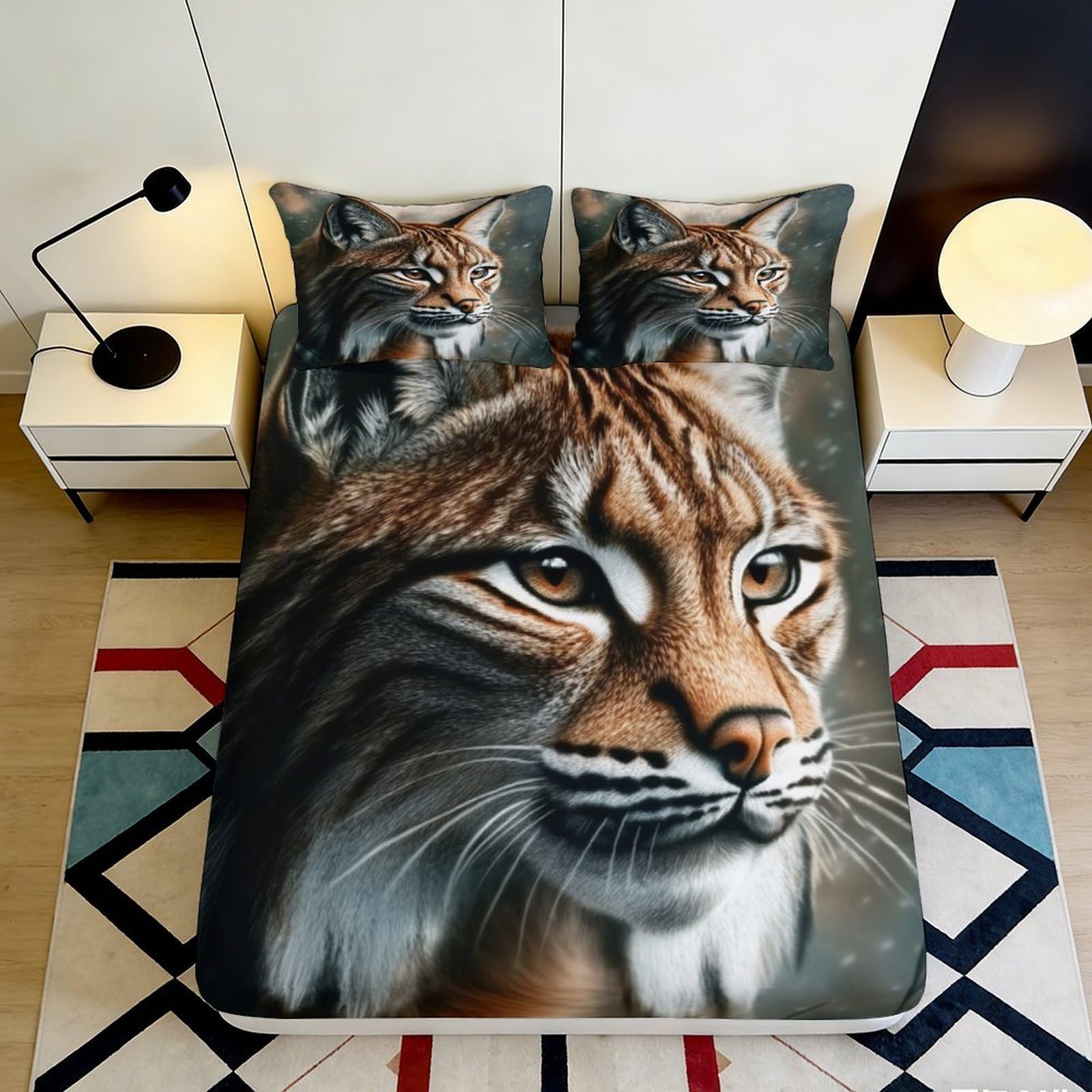 3D Printed Wild Lynx Fitted Sheet Microfiber Soft Animal Art Forest Bed Cover for Bedroom Dorm Mattress Decor 90x200x25cm