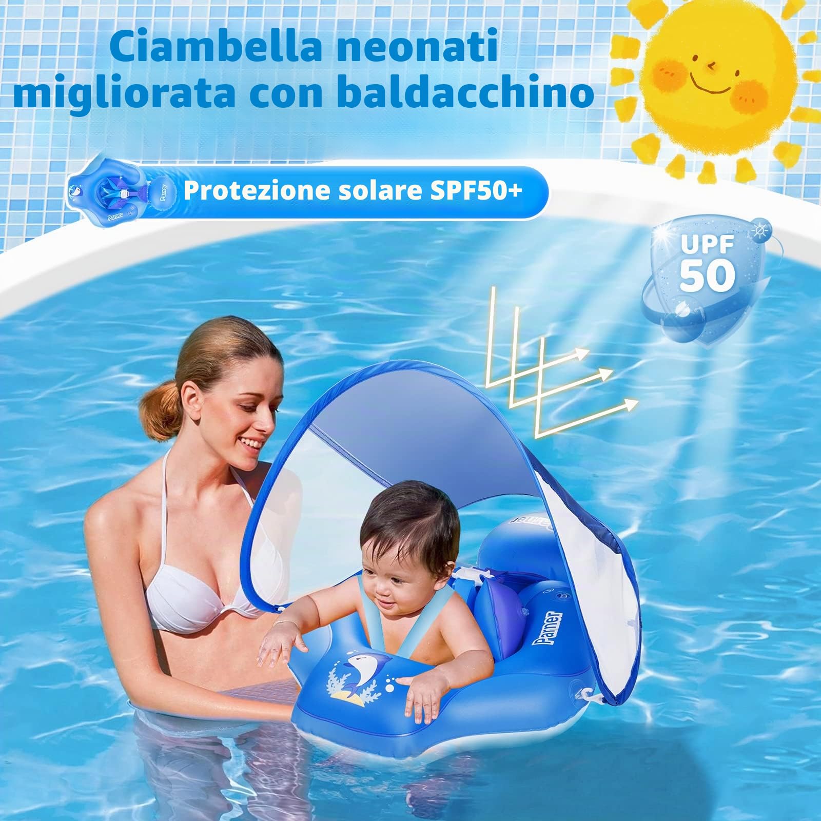 Parner Anello galleggiante per neonato con tettuccio parasole UPF50+, aiuto per il nuoto per la piscina, salvagente neonato con parasole, sedile di sicurezza regolabile, per bambini da 3 a 36 mesi