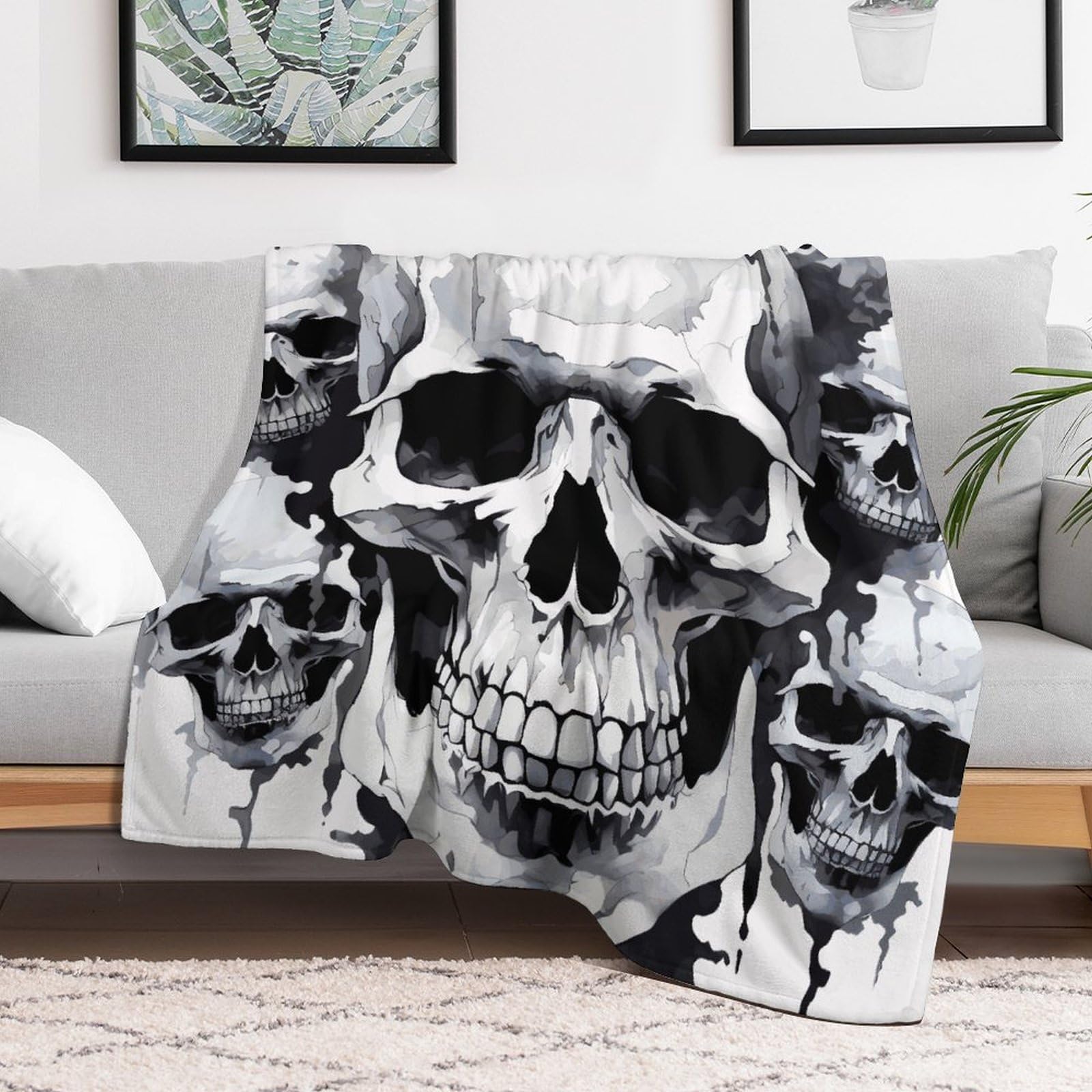 Custom White and Gray Skull Graphics Blanket Lightweight Flannel Fleece Throw for Couch Sofa Bed Luxury Soft Cozy Plush Lap Bedtime Blanket for All Seasons Bedroom Home Decor Gifts 50x60