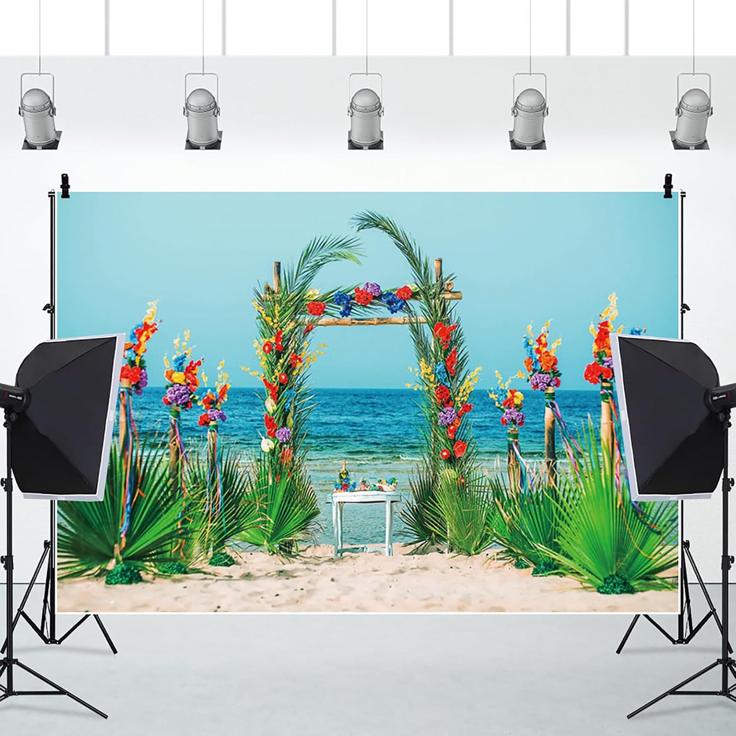 10x7ft Summer Hawaii Beach Backdrop Tropical Plants Banana Leaves Flowers Tropical Style Hawaii Theme Wedding Photography Background Bridal Shower Reception Banner