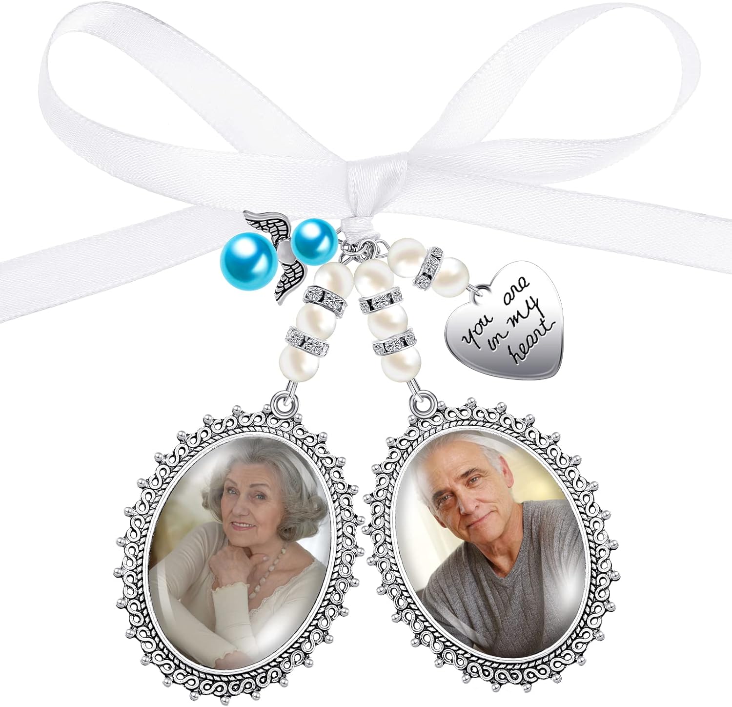 Hicarer Wedding Bouquet Charm for Wedding Memory Lacy Oval Bride Memorial Angel Photo Charm You Are Always in My Heart for Bridal Party (Double Pendant Style)