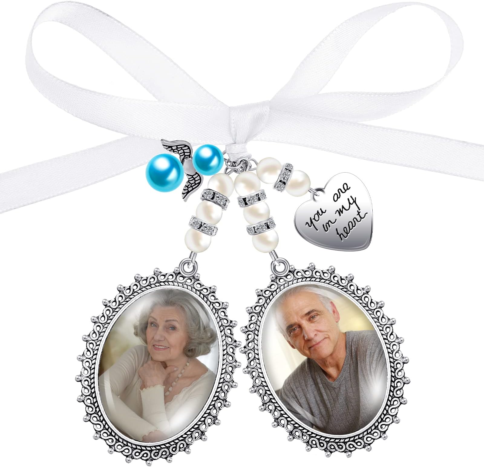 Hicarer Wedding Bouquet Charm for Wedding Memory Lacy Oval Bride Memorial Angel Photo Charm You Are Always in My Heart for Bridal Party (Double Pendant Style)