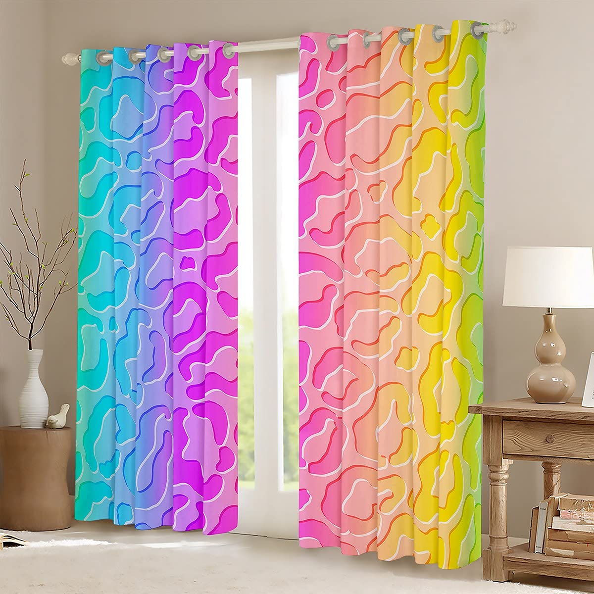 Kolorowe zasłony panterka, dziewczęca Raimbow brokatowe zasłony okienne dla chłopców dziewcząt nastolatków, gepard zasłony do obróbki okien dekoracja domu, sztuka abstrakcyjna zaciemniające zasłony do salonu sypialni, 46 szer. x 72 l