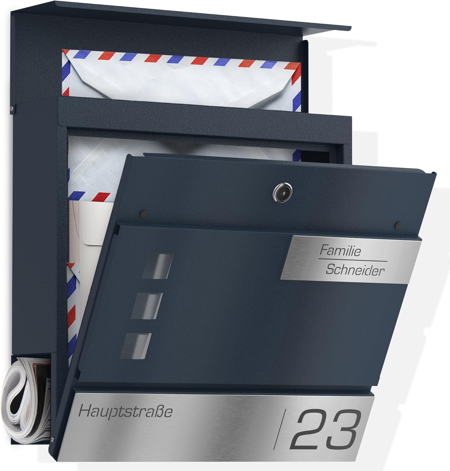 Buzón con compartimento para periódicos en antracita RAL 7016 - Buzón con ventana personalizada de acero inoxidable Nombre Calle Número - Buzón de pared con cerradura y soporte para
