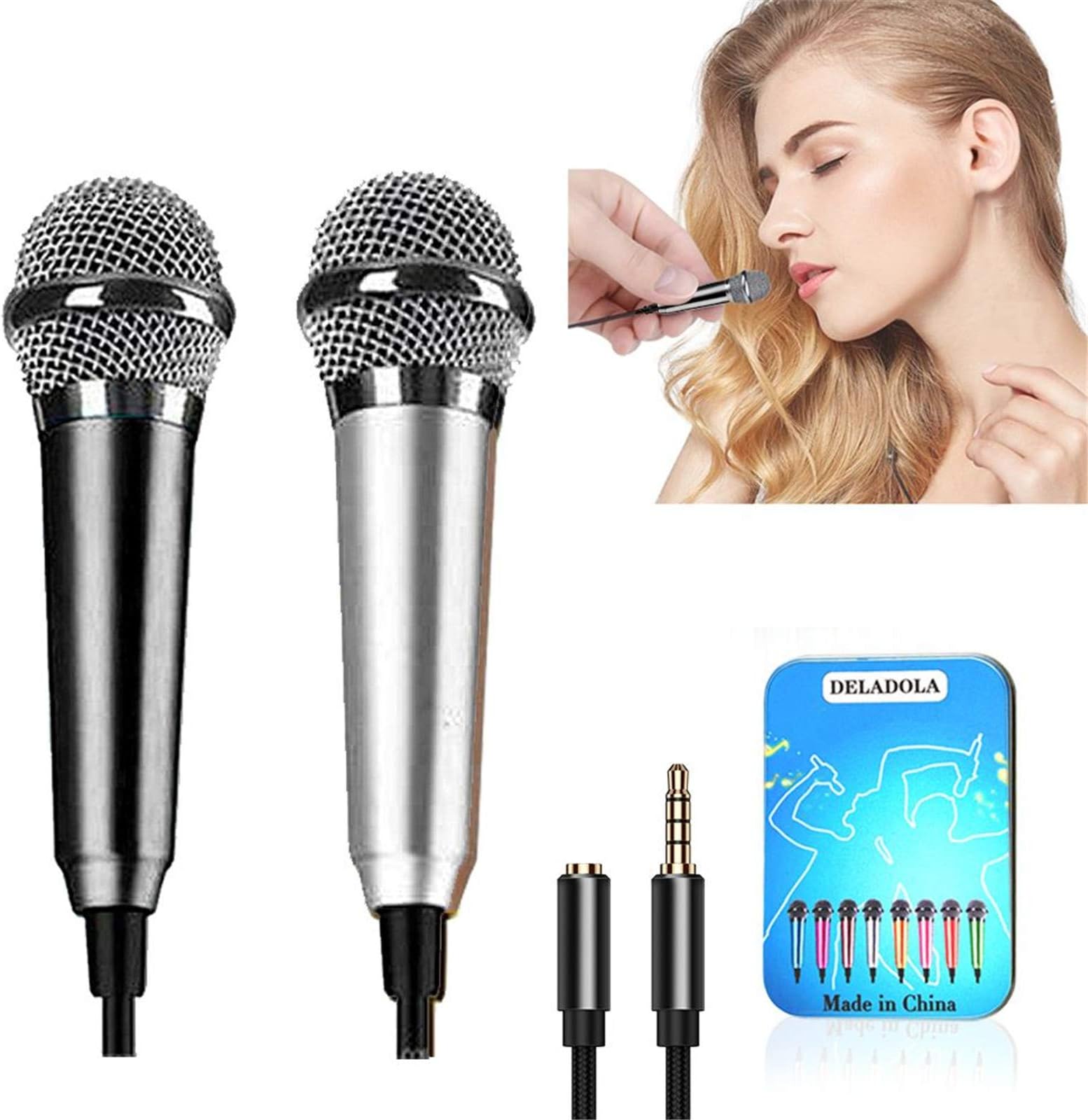 DELADOLA (2pack) Mini Microphone Tiny Microphone for Mobile Phone Laptop Notebook Apple iPhone Sumsung Android（Silver+Black）