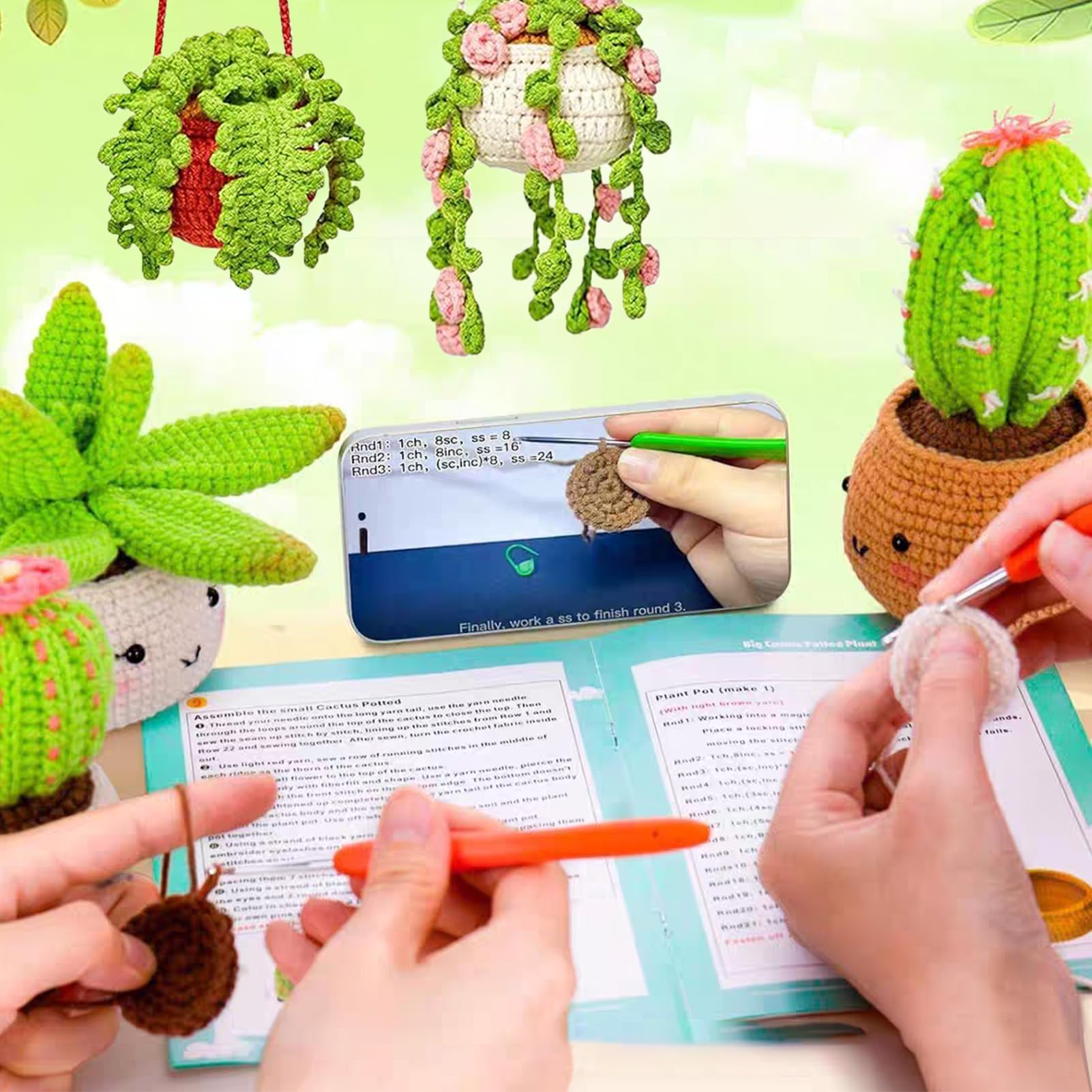 FARYODI Set all'uncinetto per principianti, cactus, fai da te, con uncinetto, filato, imbottitura, pennarelli, kit fai da te, con istruzioni per adulti e bambini