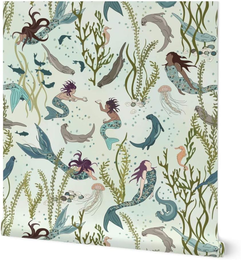 Peel & Stick Wallpaper 6ft x 2ft - Mermaids Otters Mermaid Undersea Ocean Swimming Life Whimsical Sea Mythical Fairy Custom Removable Wallpaper by Spoonflower