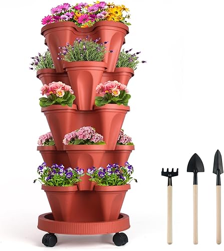 DUNCHATY Maceta apilable con ruedas extraíbles y herramientas de jardín, macetas de torre de plantación de jardín, macetas de jardinería para
