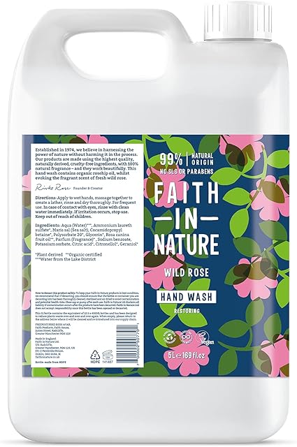 Faith In Nature Natural Wild Rose Hand Wash, Restoring, Vegan and Cruelty Free, No SLS or Parabens, 5 L Refill Pack