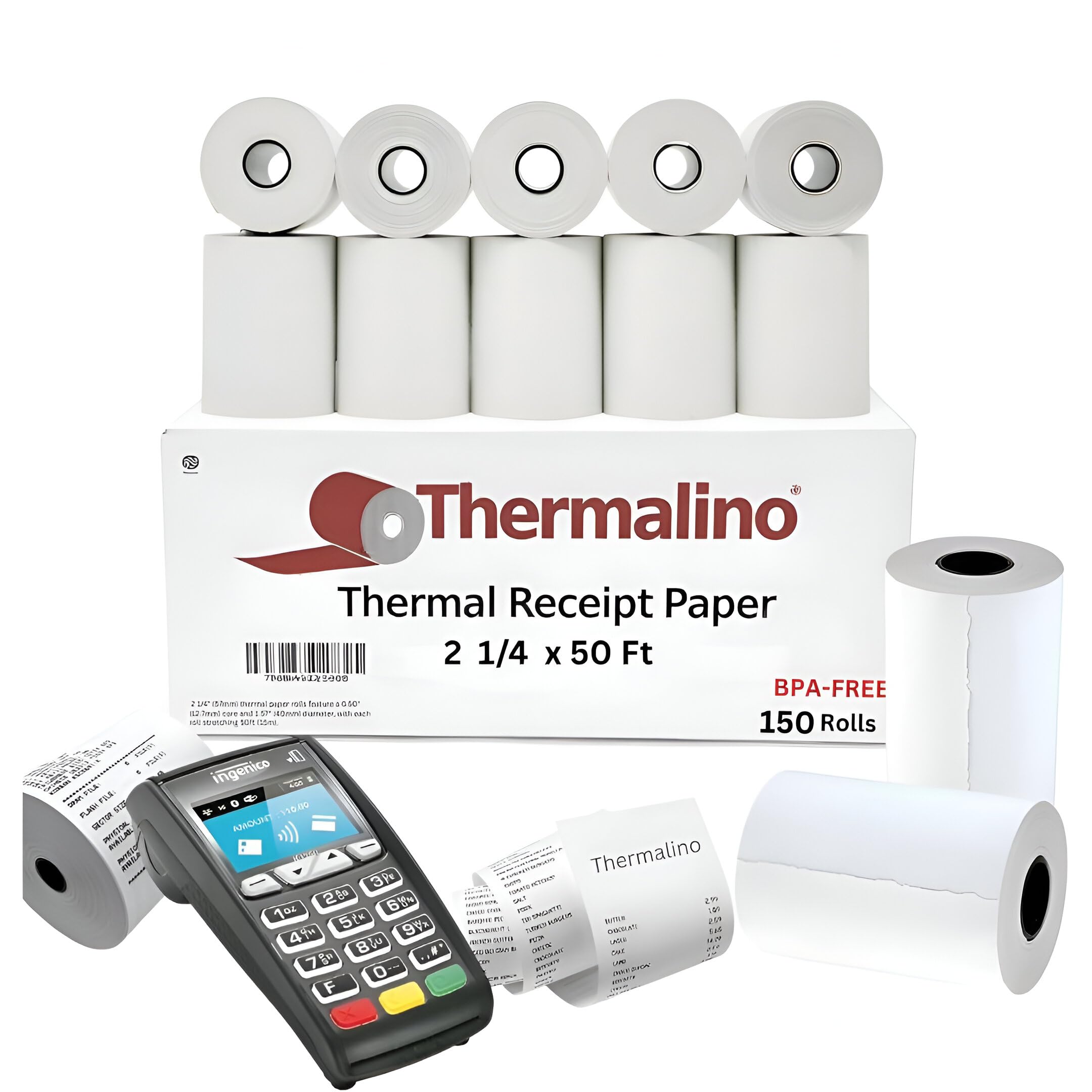 (150 Rolls) 2 1/4 X 50’ BPA-Free Thermal Paper Receipt Rolls Fits All Clover Flex POS Cash Register Printers Paper For Credit Card Terminals, Mini,