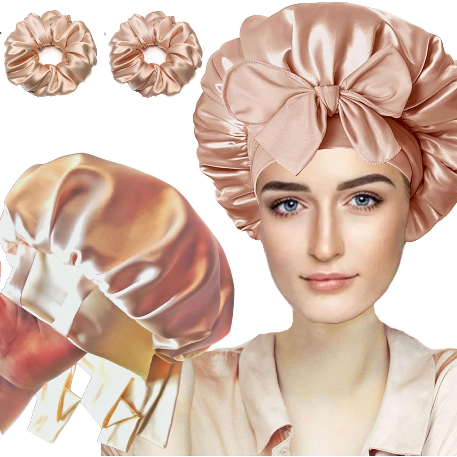 FZHGVML Silk Hair Bonnet for Sleeping with Tie Double-Sided Satin Silk Bonnet for Women & Girls Curly Hair Care