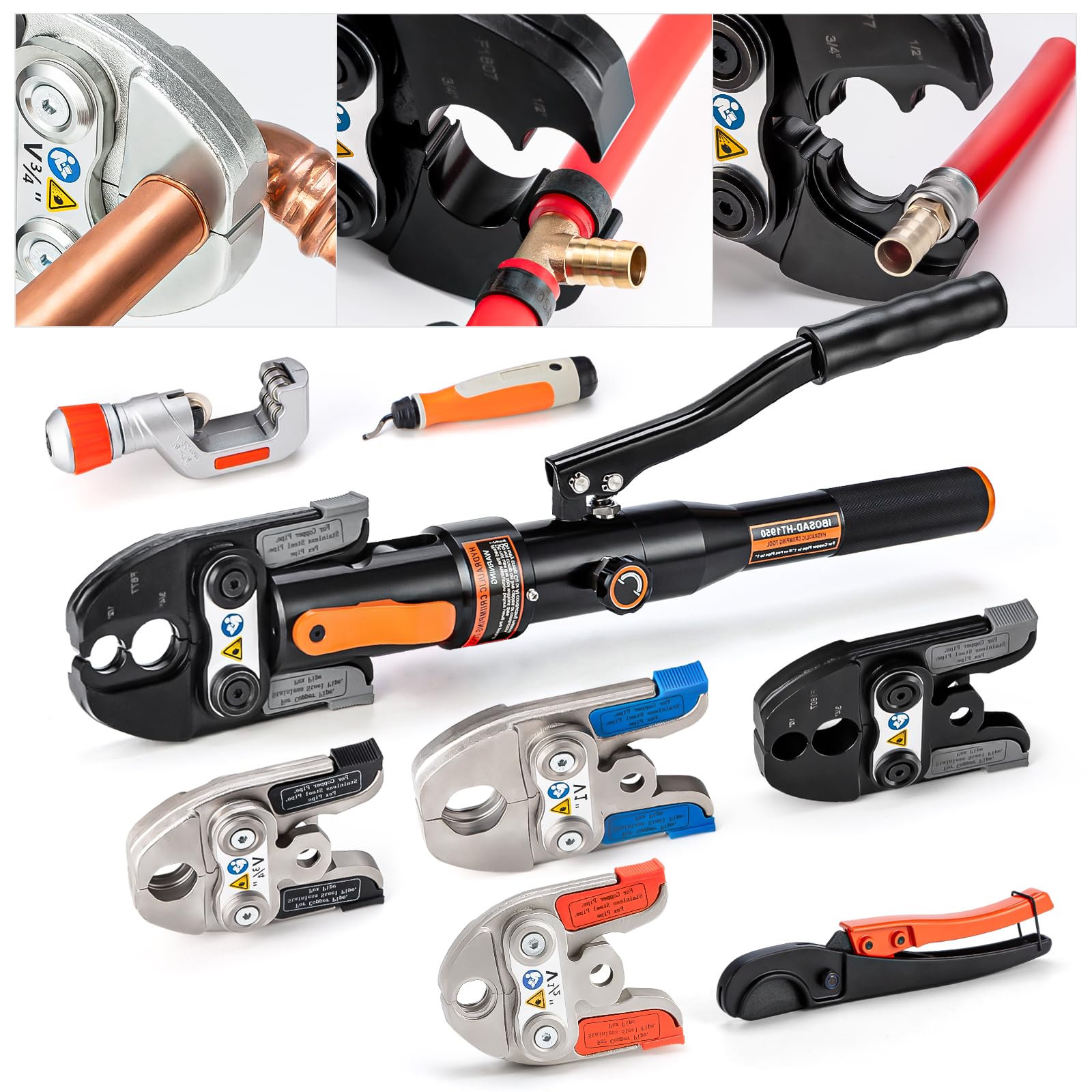 IBOSAD Hydraulic Copper Pipe Tube Fittings Crimping Tool with 1/2",3/4",1" for copper,1/2&3/4" F877 Stainless PEX Sleeve and 1/2&3/4 inch for F1807