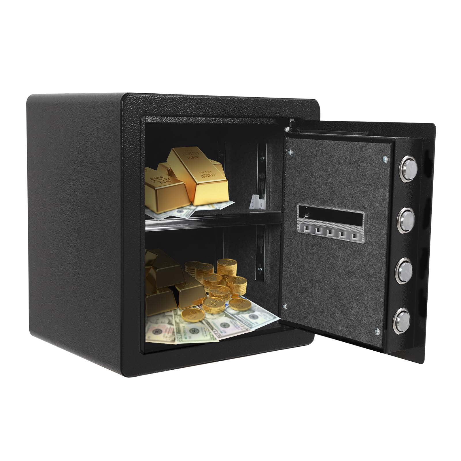 Piccola cassaforte per casa, cassaforte con password + chiave, a doppio piano, per ufficio e casa, allarme in caso di errore, luce LED, 36 x 30 x 40 cm