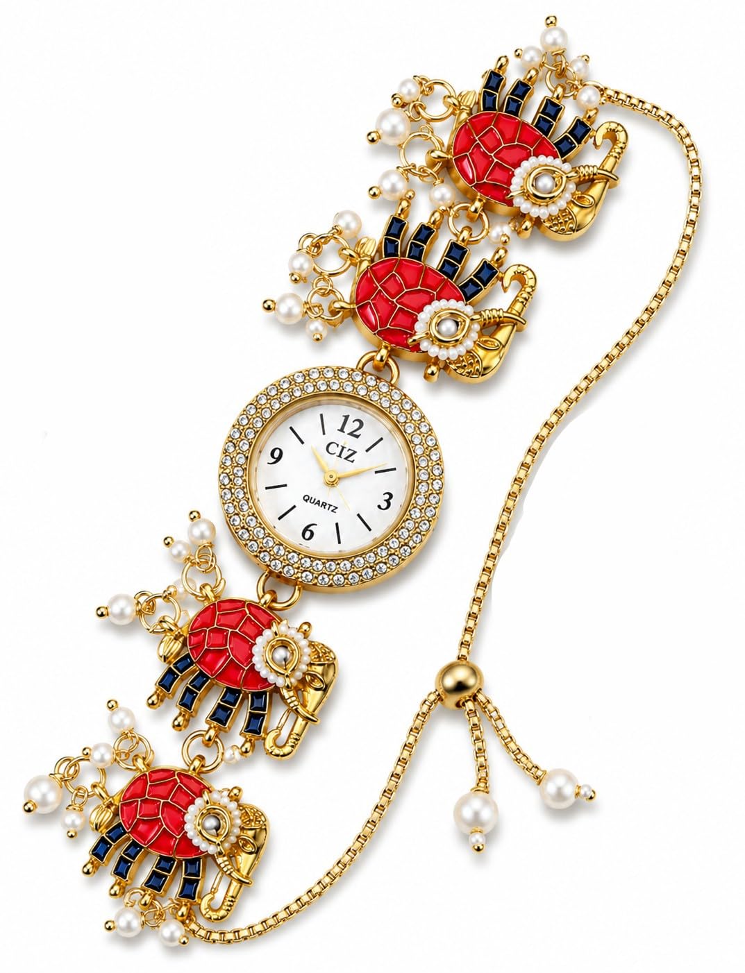 Elephant Bracelet Watch for Women | Red Enamel Elephant Charm Adjustable Bracelet Watch with Pearl Accents | Gold Plated Fashion Jewellery Wrist Watch for Girls, Festive, Party & Gift-image-34