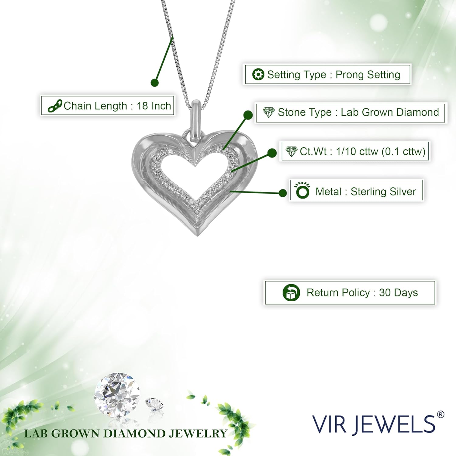 VIR JEWELS 1/10 cttw Lab Grown Diamond Heart Pendant Necklace in Sterling Silver with Chain - Image 2