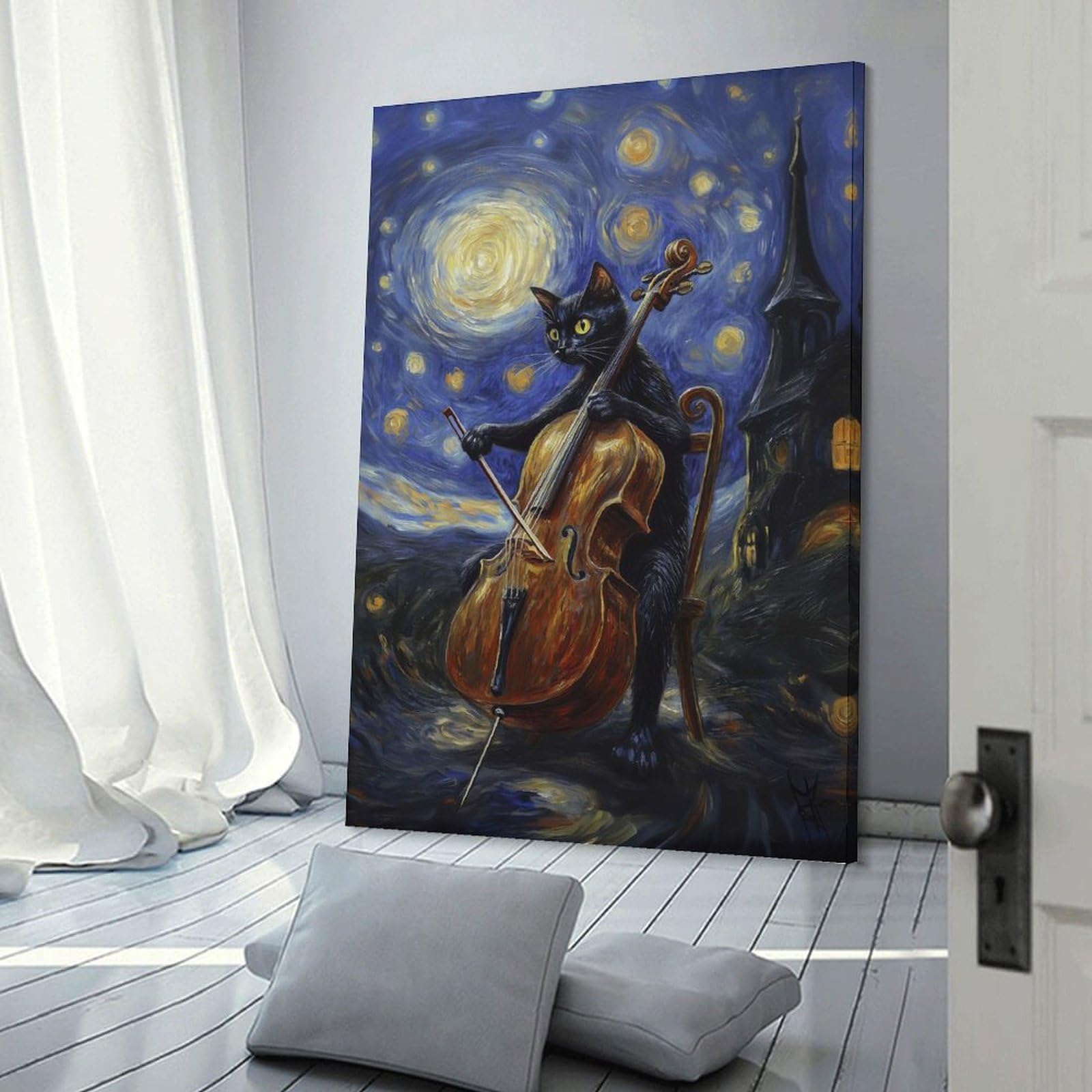 Junmoney Cat Playing Cello Under Starry Night Wall Decor Canvas Print, 16x24inch(40x60cm), for Wall Displays, Bedrooms Or Room Updates, Wall Decor Suited to Curated Displays