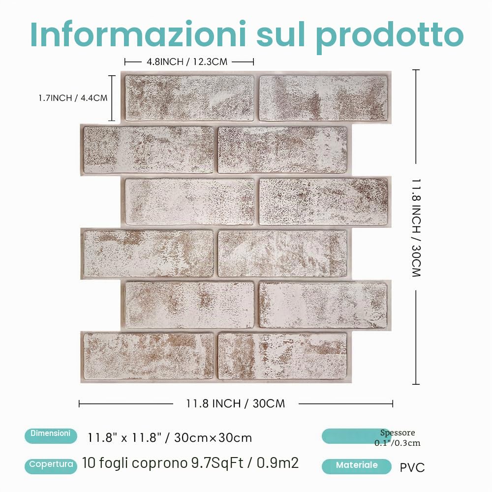 Commomy 10 Pezzi Mattoni Adesivi Murali 3D Pannelli Da Parete 3D Finto Mattone, 30 X 30 cm, Pannelli Adesivi per Pareti 3D Mattoni Finti PVC Autoadesivi Pannelli Decorativi Per Pareti Interne