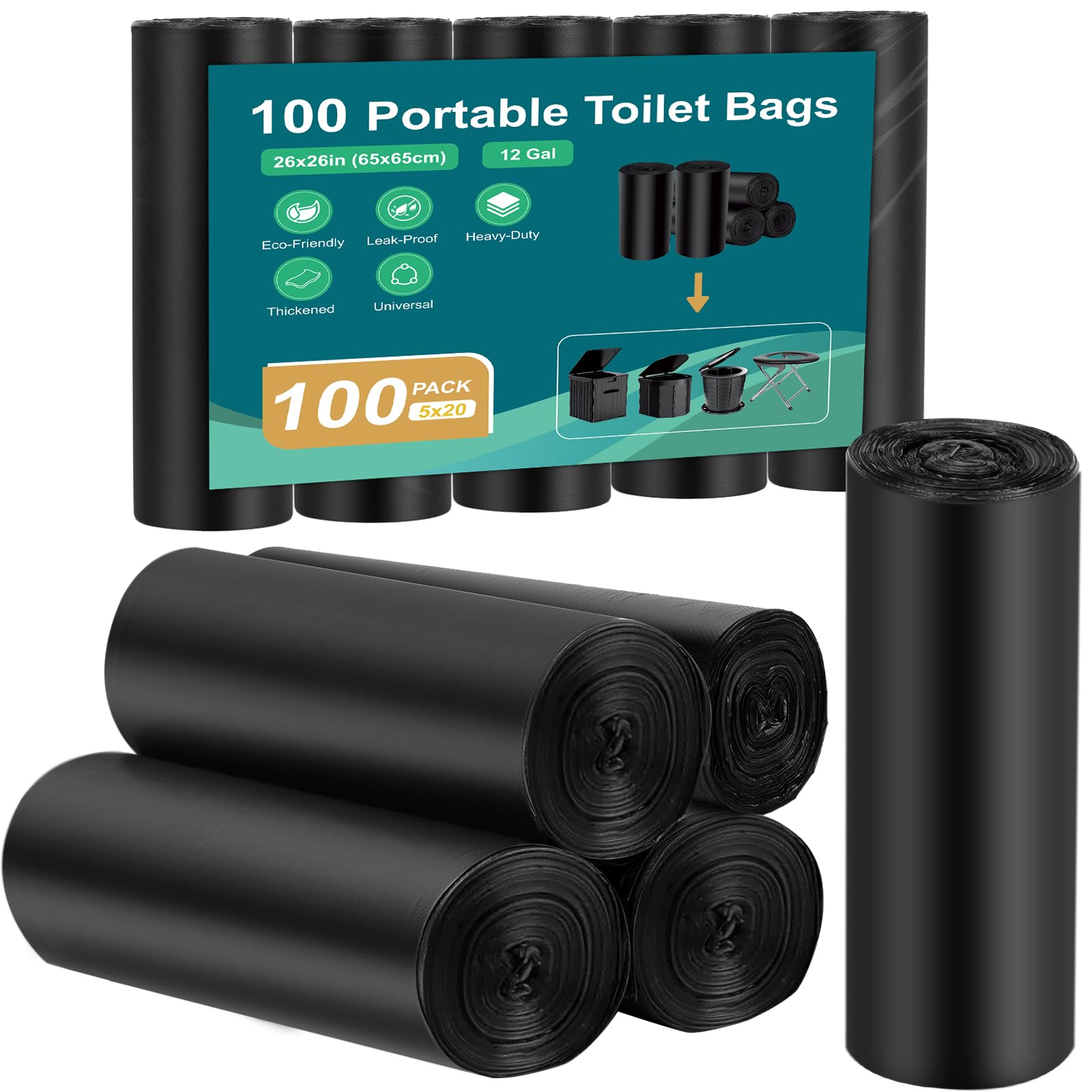 WADEO 100Pcs Camping Toilet Bags, 45L Heavy Duty Portable Waste Bags