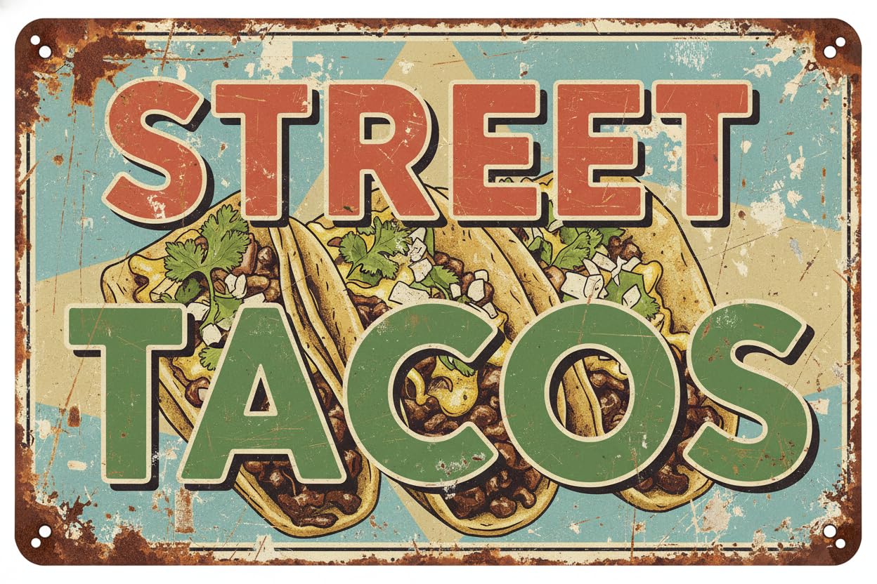 Wall Decor Street Tacos | Full Color Sidewalk Display Sign Board With Metal Ground Stakes | 8x12Inch Vintage Signs Aluminum Plates Printed