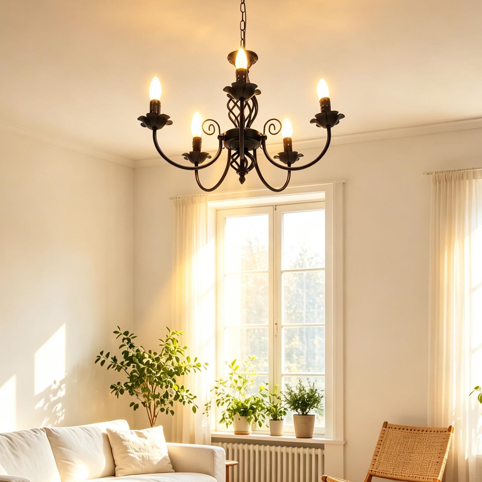 Kronleuchter Klassischer Kerzen Retro Eisen für Wohnzimmer Schlafzimmer Küche Schwarz 5 Armig Pendelleuchte E14 Innenbeleuchtung