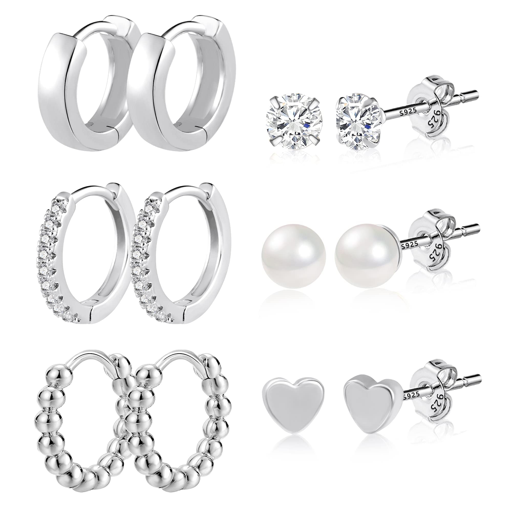 KISSPATJuego de pendientes de cartílago, plata 925 hipoalergénicos con bola de circonita y pendientes pequeños, para mujer y niña