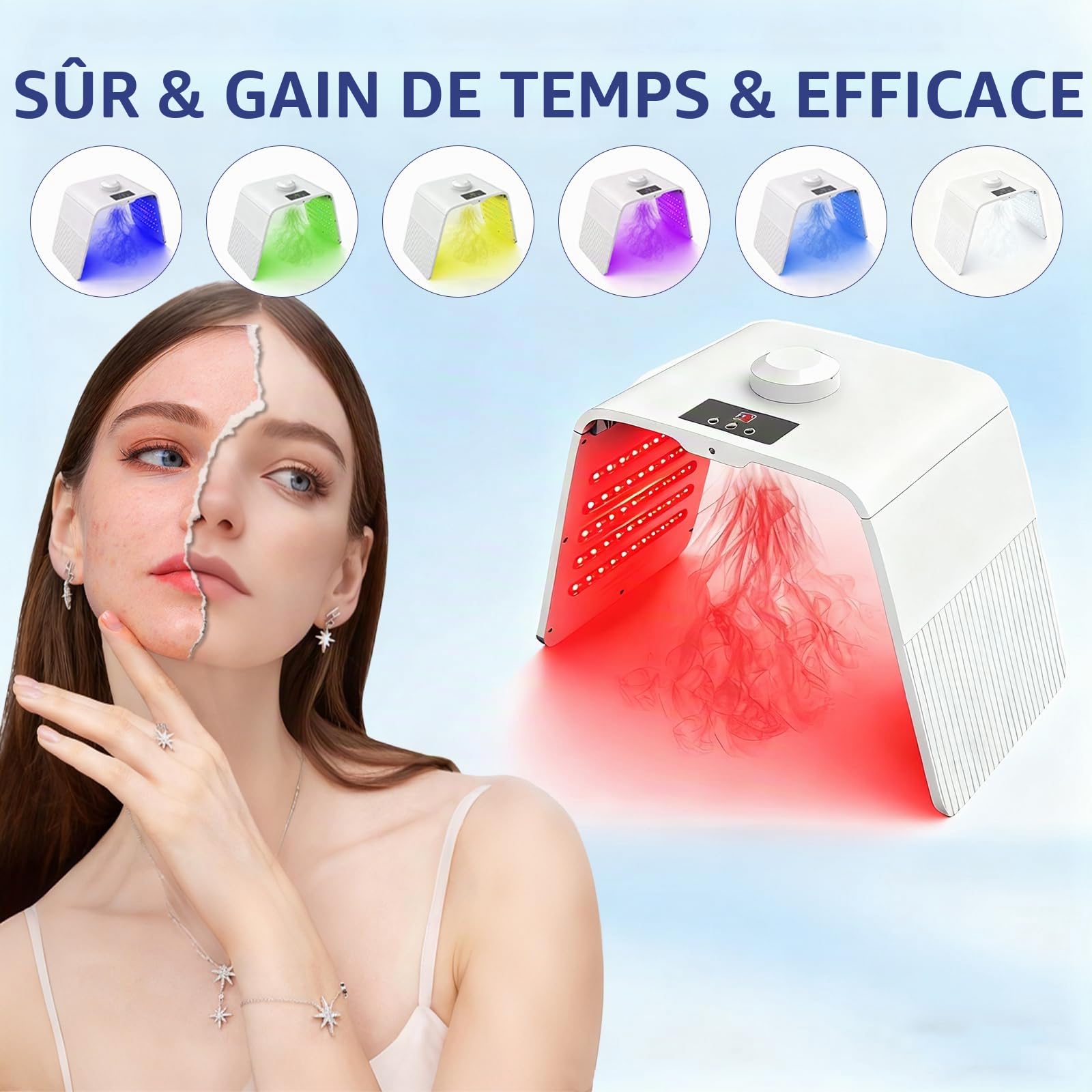 Masque LED Visage 7 Couleurs,Pliable Masque Luminothérapie Visage avec Fonction de Pulvérisation,Masque Facial LED pour Rajeunissement de la Peau Anti-âge, Utilisation à la Maison et au Salon